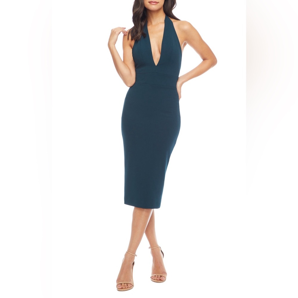NEW Dress The Population Pine Green Halter Plunge Midi Dress